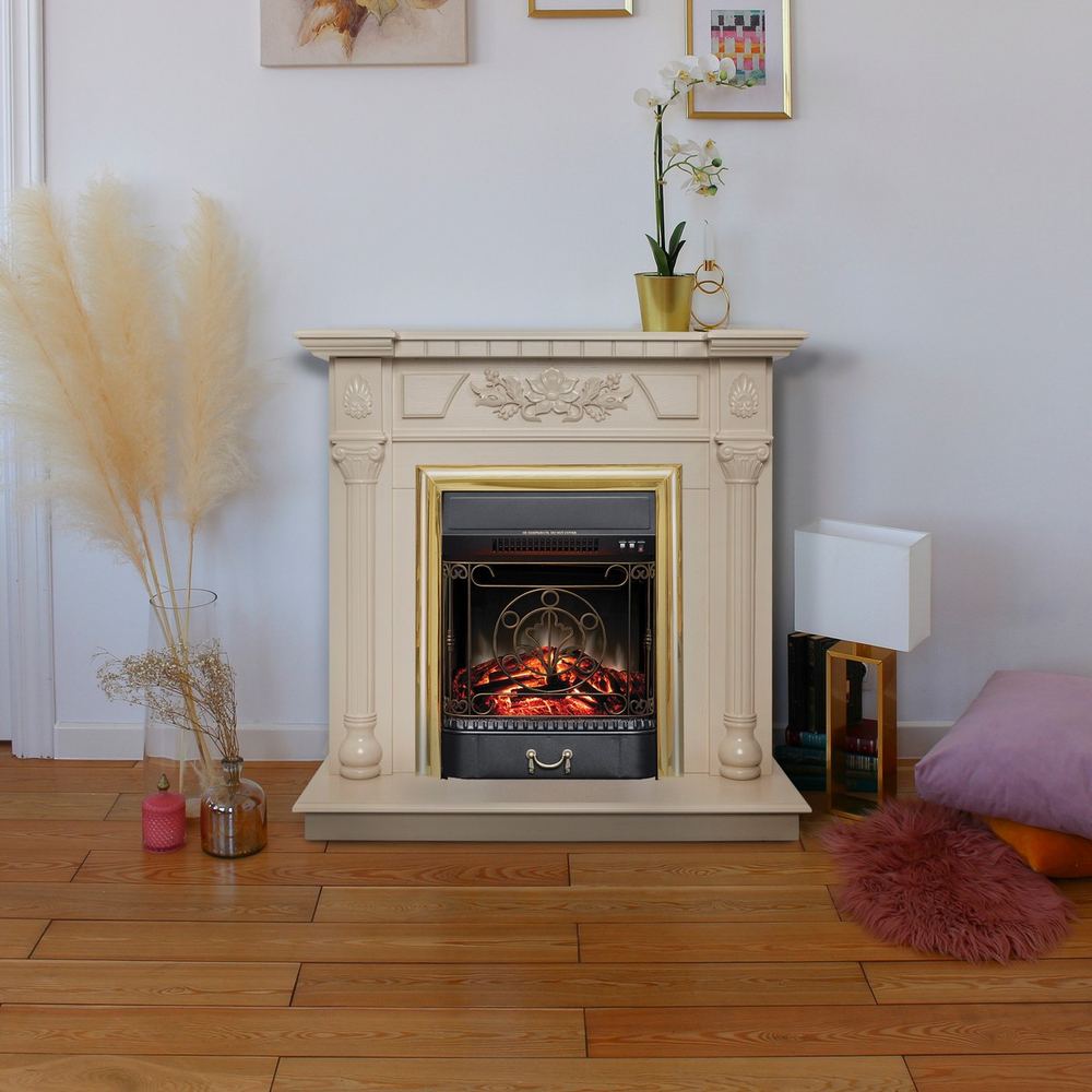 Электрокамин RealFlame Dacota WT белый дуб с очагом Majestic Lux Brass
