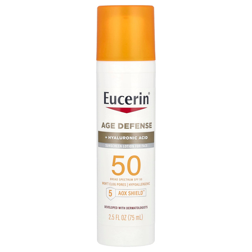 Eucerin, Age Defense, легкий солнцезащитный лосьон для лица, SPF 50, без отдушек, 75 мл (2,5 жидк. унц.)