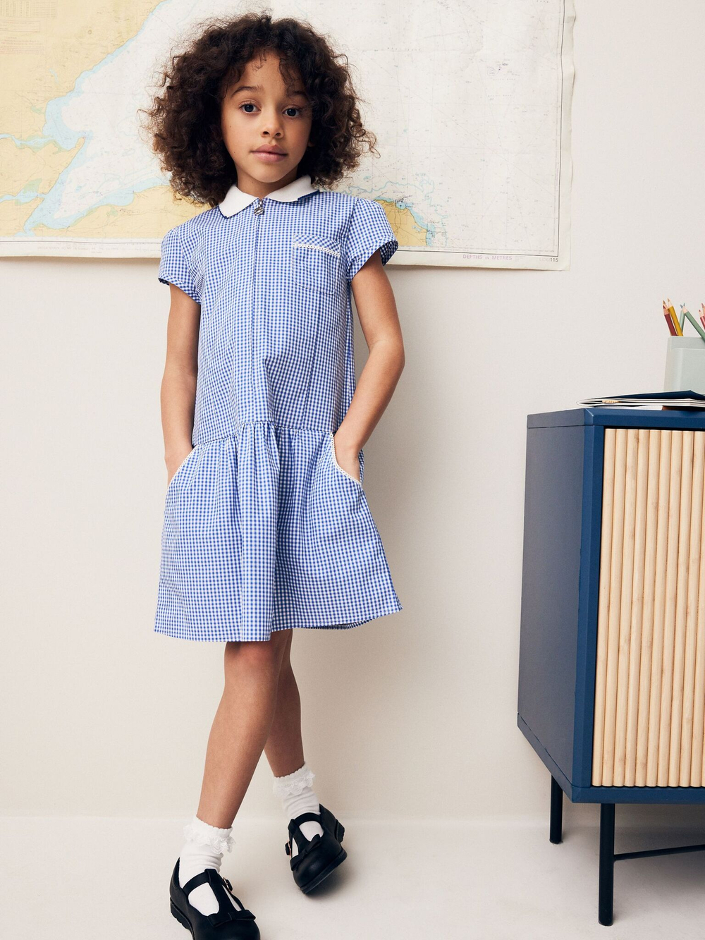 Платье школьное на молнии для девочки Next N12-650, Синий, Белый