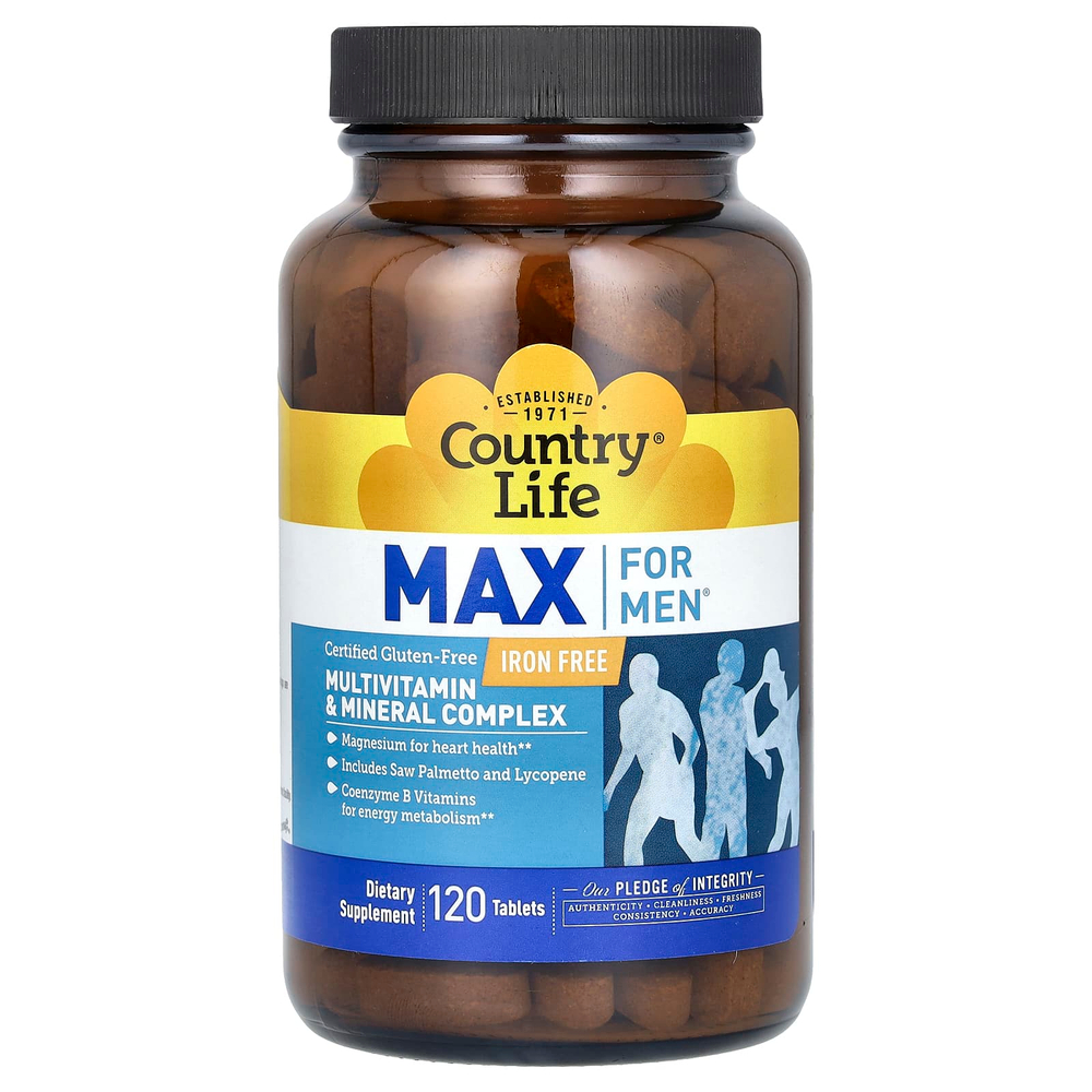 Country Life, Max for Men, комплекс мультивитаминов и микроэлементов для мужчин, не содержит железа, 120 таблеток