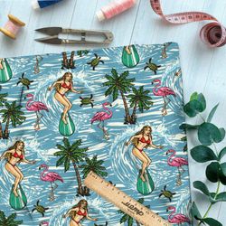 Ткань муслин сёрфинг, пальмы, черепахи и фламинго