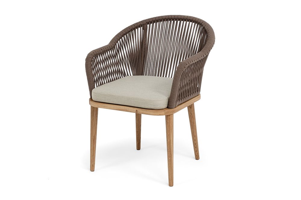 "Лион" стул плетеный из роупа, основание дуб, роуп коричневый круглый, ткань бежевая 15052