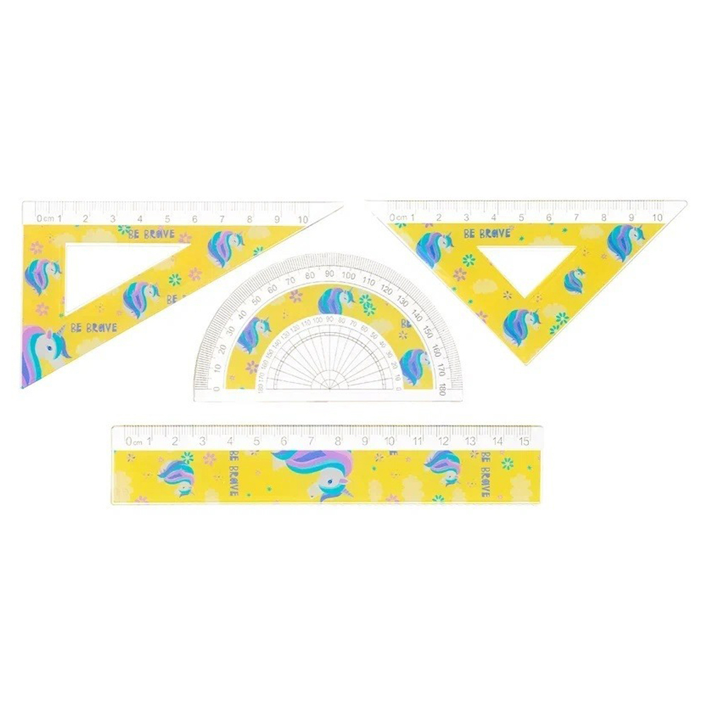 Линейка Basir пластиковая, набор 4 шт, серия "Единорог", 4 предмета: линейка 15 см, транспортир и два угольника