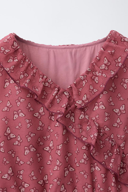 ZARA БЛУЗА С ПРИНТОМ БАБОЧЕК, МАЛИНОВЫЙ