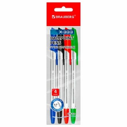 Набор шариковых ручек 4цв. Brauberg X-333, 0.7мм, прозрачный корпус