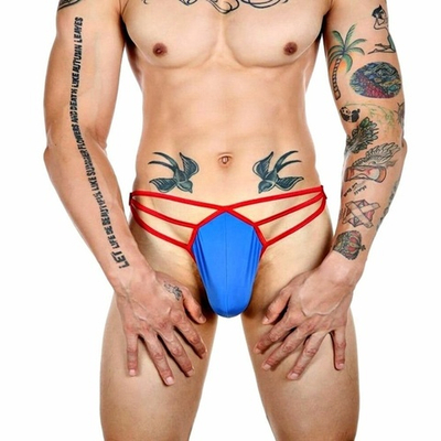 Синие сексуальные трусы-стринги на тонких красных бретелях (Размер: XL) (Цвет: синий с красным)