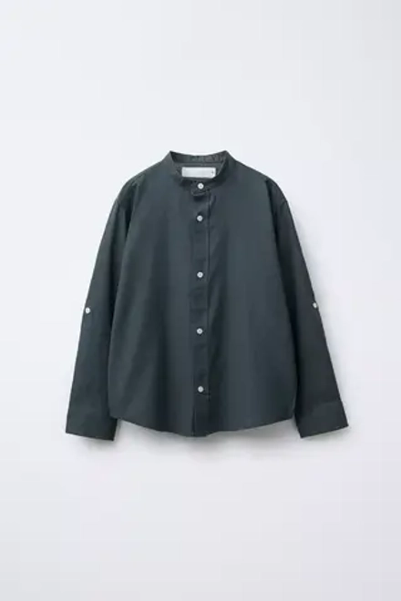 ZARA РУБАШКА ИЗ СМЕСОВОЙ ЛЬНЯНОЙ ТКАНИ С ВОРОТНИКОМ-СТОЙКОЙ, ТЕМНО-СЕРЫЙ