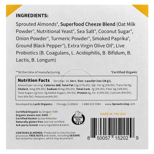 Sprout Living, Пробиотический миндаль, сыр чеддер, 10 пакетиков по 28 г (1 унция)