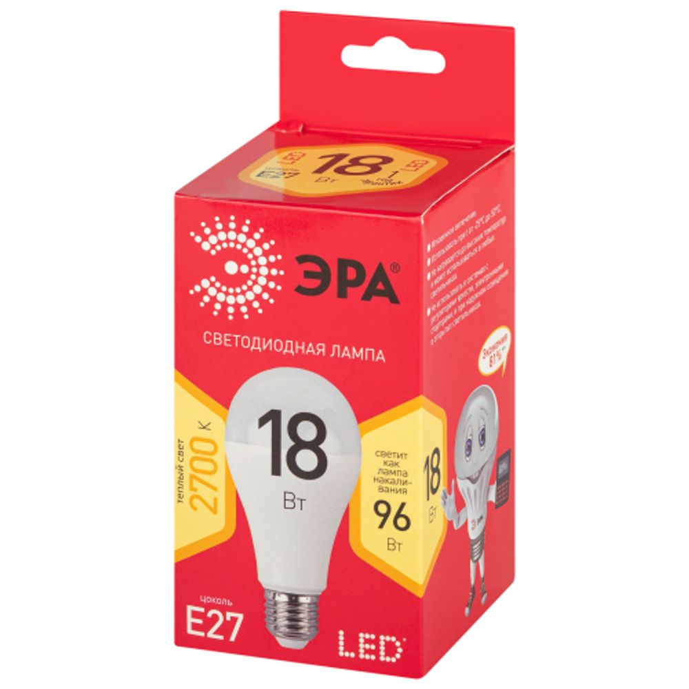 Лампочка светодиодная ЭРА RED LINE LED A65-18W-827-E27 R Е27 / E27 18 Вт груша теплый белый свет | Лампы cветодиодные Груша (A)