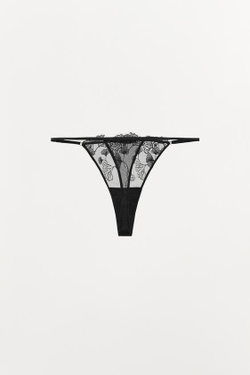 ZARA КРУЖЕВНЫЕ ТРУСЫ ТАНГА, ЧЕРНЫЙ