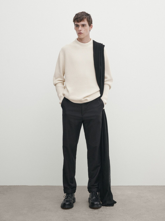 Massimo Dutti Хлопковый свитер платочной вязки с воротником-стойкой, натуральный, кремовый