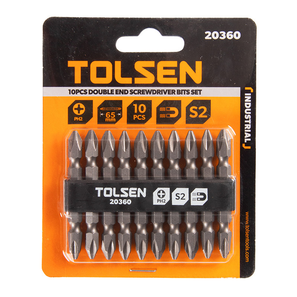 TOLSEN (TT20360) Набор вставок (бит) торцевых 1/4", PH2 х PH2, 65 мм, двухсторонних, 10 предметов