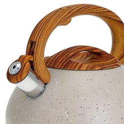 Чайник со свистком 3 л из нержавеющей стали, индукционное дно ALPENKOK AK-522 бежевый гранит, ручка светлое дерево