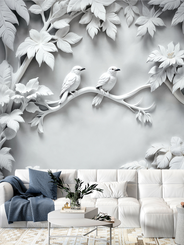 Объемные 3D фотообои птицы и листья на ветке