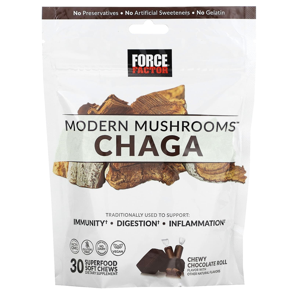 Force Factor, Modern Mushrooms ™, чага, жевательный шоколадный рулет, 300 мг, 30 мягких жевательных таблеток