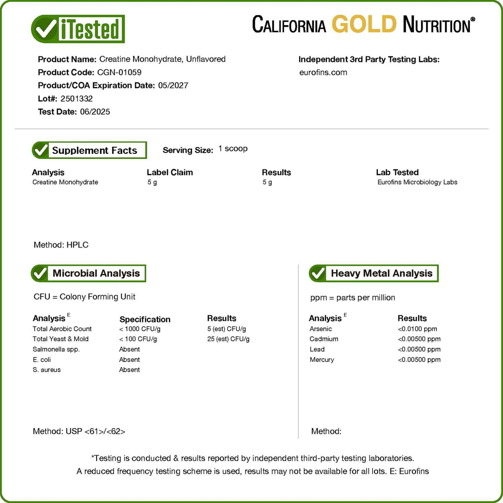California Gold Nutrition, Sport, моногидрат креатина, без добавок, 454 г (1 фунт)