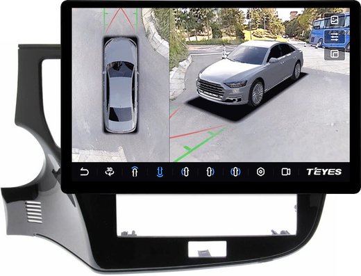 Магнитола Mitsubishi Outlander 3 2019-2022 (левый руль, прямоугольный климат) - Teyes CC3-2K-360 монитор 13" 2K QLED на Android 10, 6/128Гб, CarPlay, 4G SIM-слот, 4 камеры в комплекте