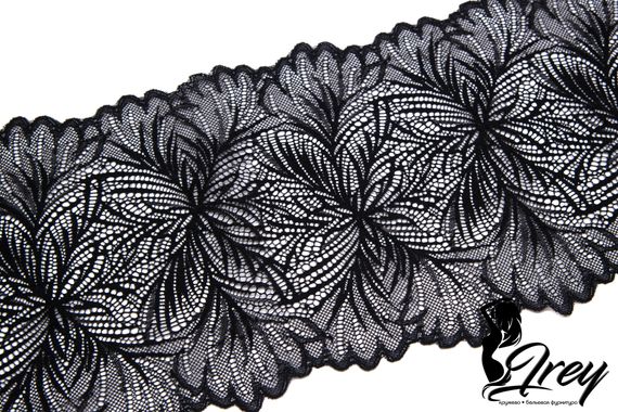 1079 ОПТ Кружево эластичное 19 см, Италия, мандала, черный