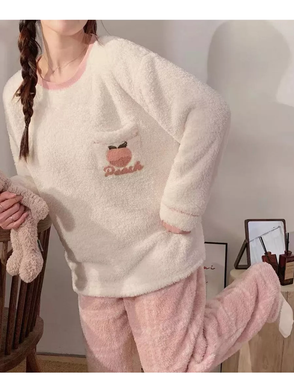 Пижама со штанами теплая плюшевая женская костюм домашний