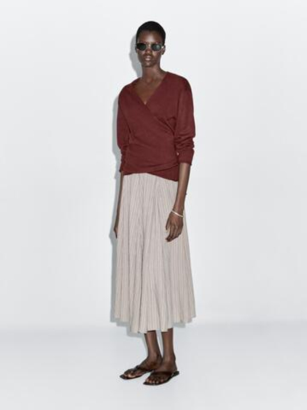 Massimo Dutti Расклешенная юбка миди в полоску, серый