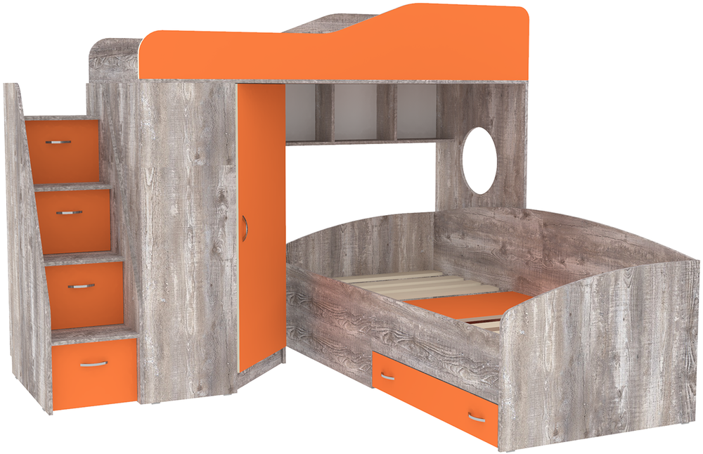Двухъярусная кровать КарИВи  Кадет 2 с универсальной лестницей Бетон Оранжевый