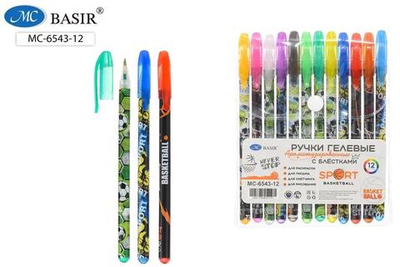 Набор гелевых ручек 12цв, ароматизированные, с блёстками "Спорт" (Basir)