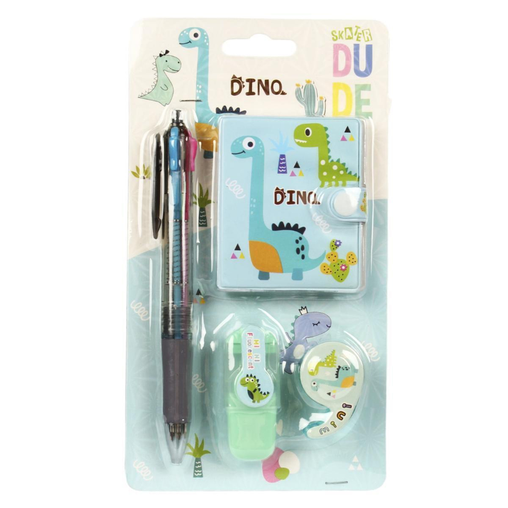 Набор "Динозавр" на блистере: блокнот в ПВХ 42л, ручка 4цв, текстовыделитель