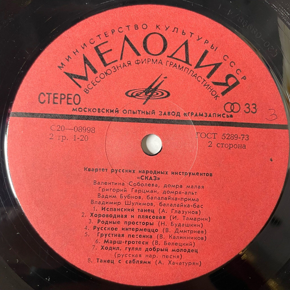 Винтажная виниловая пластинка LP Квартет Русских Народных Инструментов Сказ (СССР 1979)