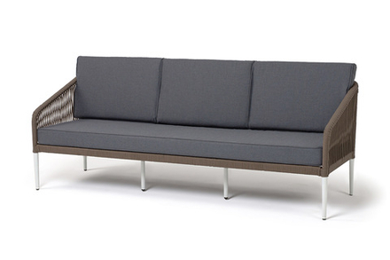 "Канны" диван 3-местный плетеный из роупа, каркас алюминий белый муар, роуп коричневый круглый, ткань темно-серая 027
