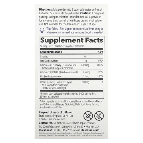 LifeSeasons, Смесь для приготовления напитков из бузины, ягоды и лимон, 39000 мг, 5 пакетиков по 3,14 г