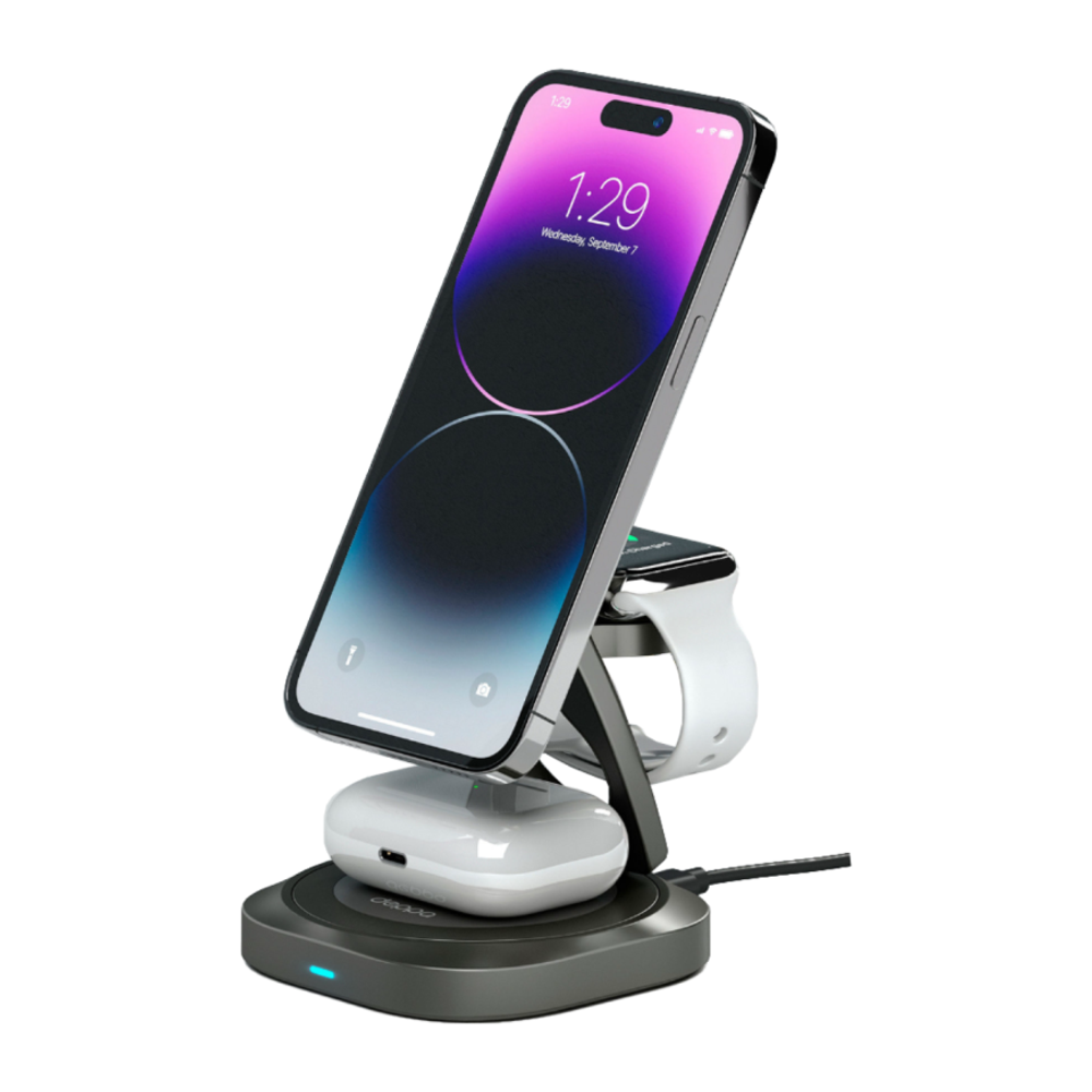 Складная зарядная станция MagSafe Deppa Fold Power для iPhone, Apple Watch и AirPods (Qi2.2) Беспроводная зарядка: Qi 25 Вт, Qi 5 Вт, магнитное крепление для зарядки Apple Watch или Samsung Galaxy Watch (Qi 2,5 Вт). Проводная зарядка: нет. Сертификация Qi