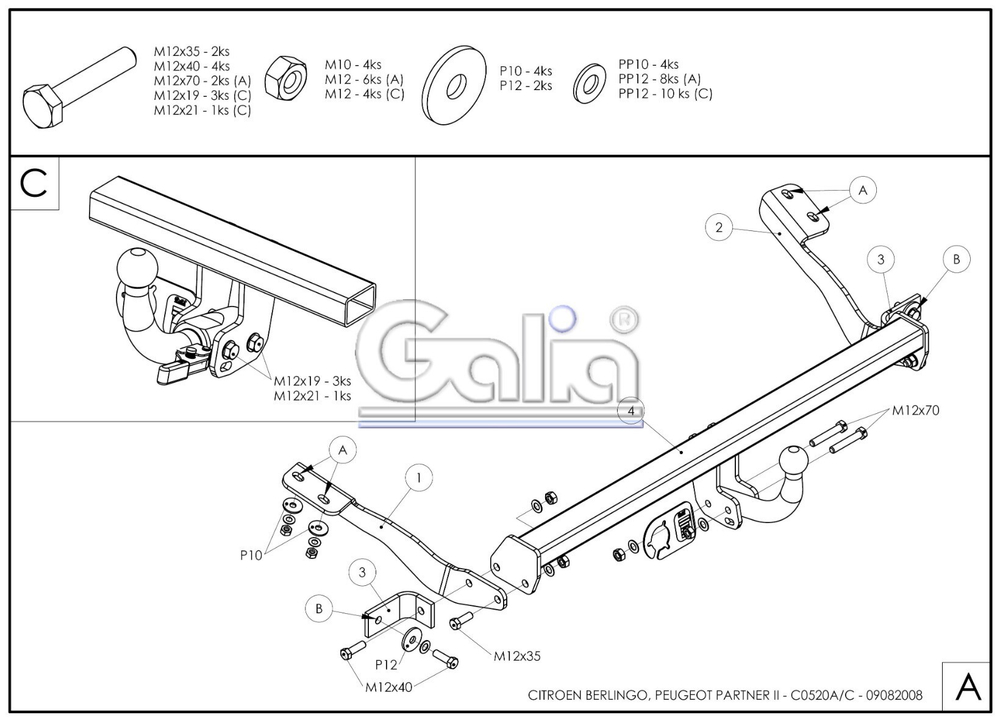 Фаркоп оцинкованный Galia C052C для Peugeot Partner 2008-, Citroen Berlingo 2008-(паспорт и сертификат в комплекте)(без электрики)