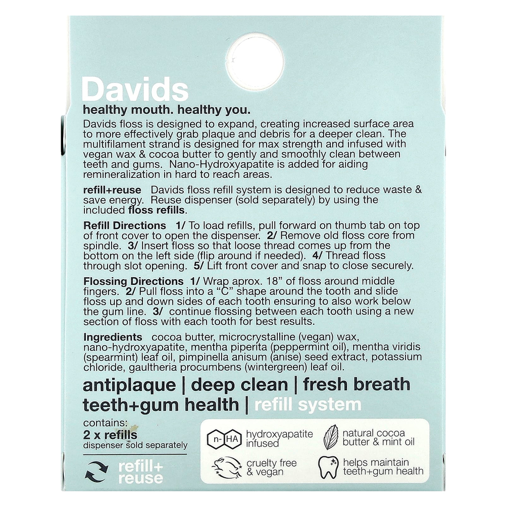 Davids, Расширяющаяся зубная нить, сменные кассеты, мята, 2 шт. (30 м) (32,8 ярда)