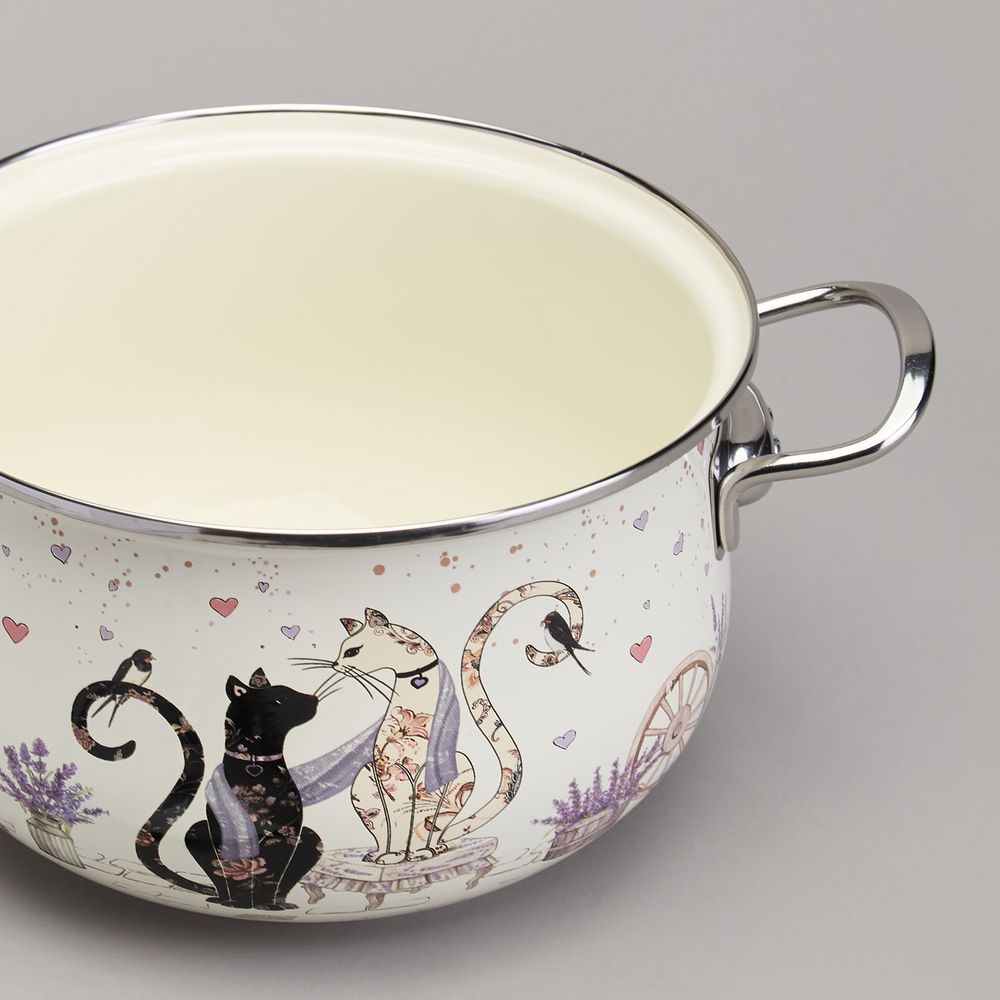 КАСТРЮЛЯ AGNESS ЭМАЛИРОВАННАЯ СО СТЕКЛЯННОЙ КРЫШКОЙ СЕРИЯ "LAVENDER CATS", 3,8 Л ДИА. 22СМ