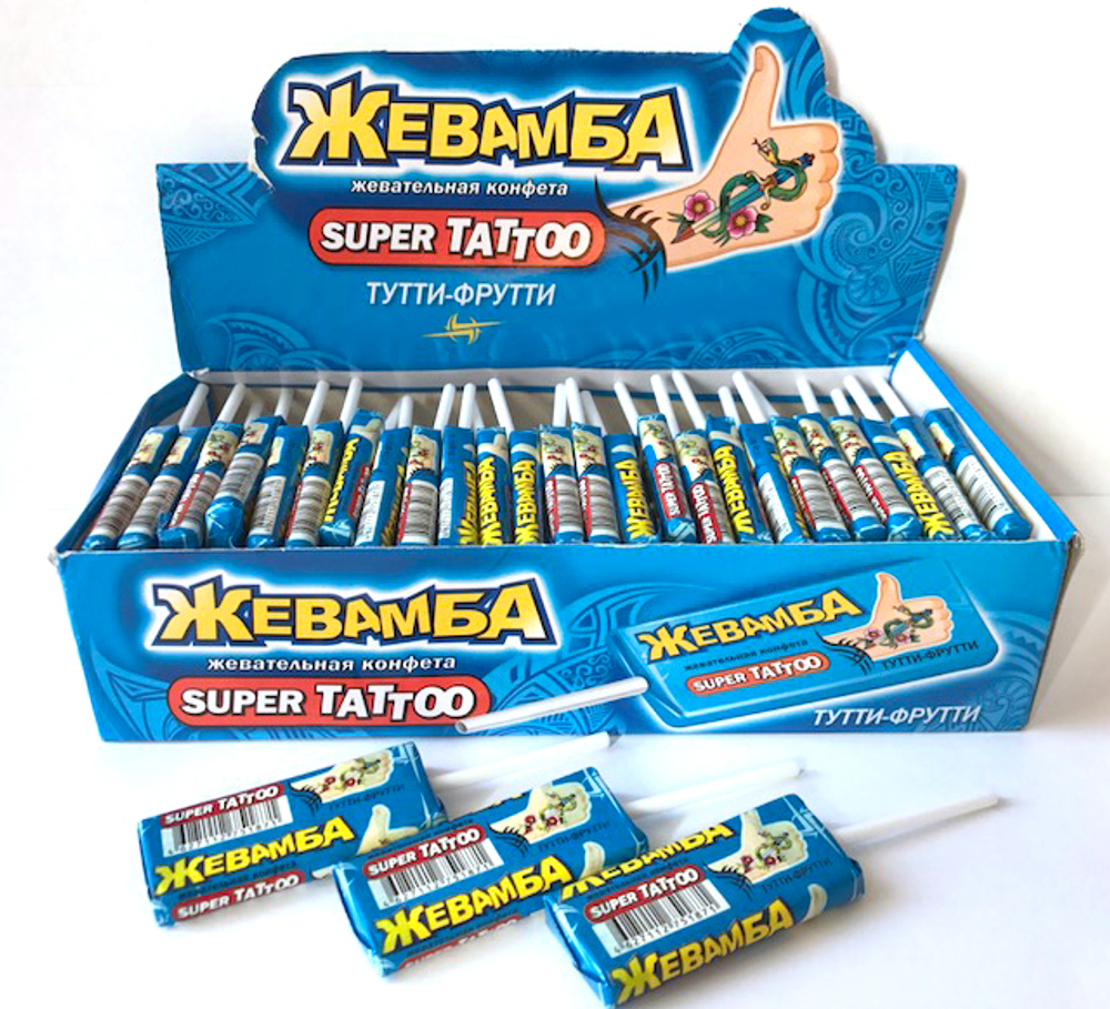 Жевательная конфета "Жевамба SUPER TATTOO" тутти-фрутти 10гр*50шт*12 блоков.