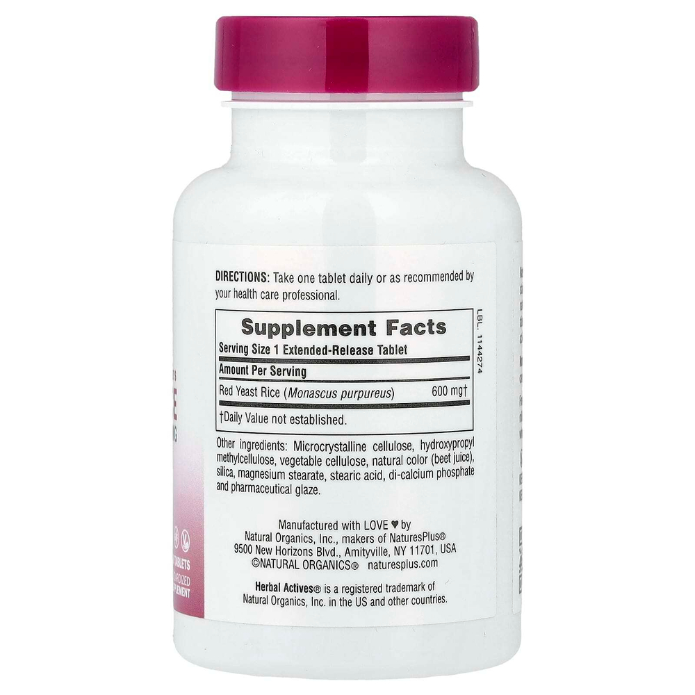 NaturesPlus, Herbal Actives, красный ферментированный рис, 600 мг, 30 вегетарианских таблеток