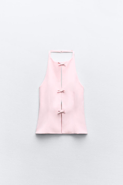 ZARA ТОП С ГОРЛОВИНОЙ ХАЛТЕР И БАНТАМИ, ПАСТЕЛЬНО-РОЗОВЫЙ