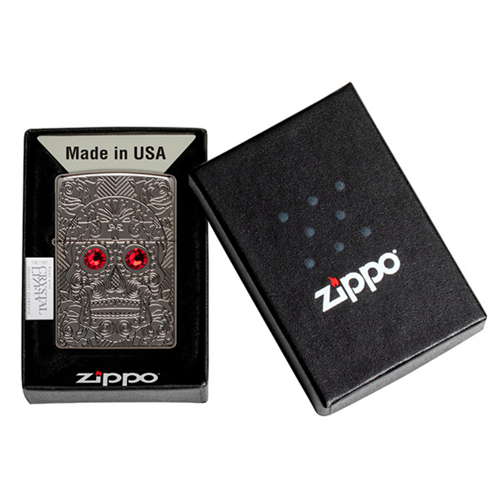 Зажигалка Zippo Armor Crystal Skull Design с покрытием High Polish Black Ice