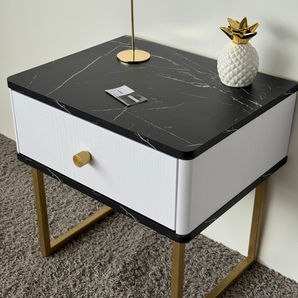 Тумба прикроватная на ножках ROYAL 5301 эко (Мрамор Неро-Золото-р.золото)
