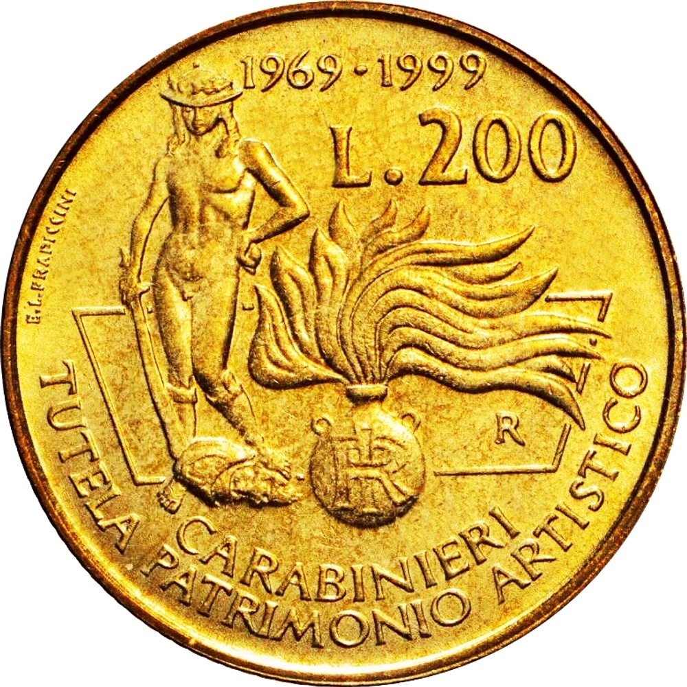 Italy 200 Lire 1999 R "Carabinieri Art Squad 30th Anniversary", XF