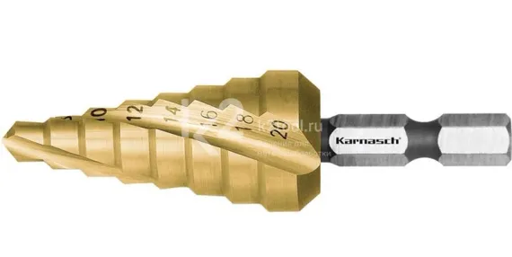 Ступенчатое сверло Ø 6-20 мм, HSS-XE с покрытием TiN-GOLD, ударный хвостовик, двухзаходное, Karnasch, арт. 21.3041