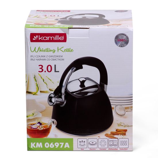 Чайник 3 л. из нержавеющей стали со свистком Kamille KM 0697A (черный) и черной бакелитовой ручкой