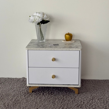 Тумба прикроватная на ножках с ящиками ROYAL 5303 эко (Мрамор Каррара-Золото-р.золото)