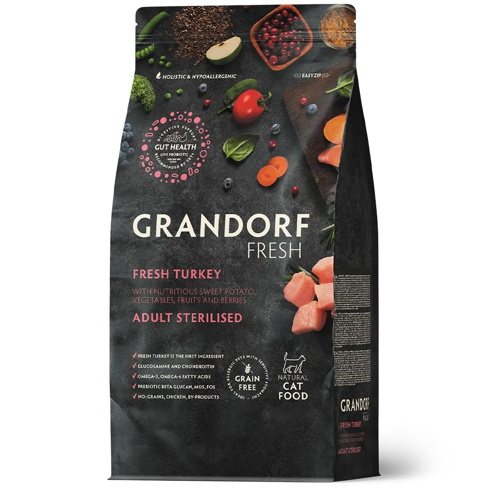 Сухой корм GRANDORF FRESH CAT Turkey STERILISED беззерновой, индейка с бататом для стерилизованных кошек, диетическая формула при аллергии 2кг