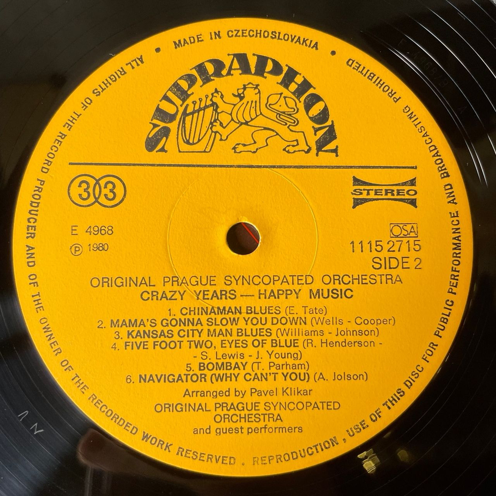 Винтажная виниловая пластинка LP Чешский Джаз Бэнд Original Prague Syncopated Orchestra, Crazy Years Happy Music (Чехословакия 1980)