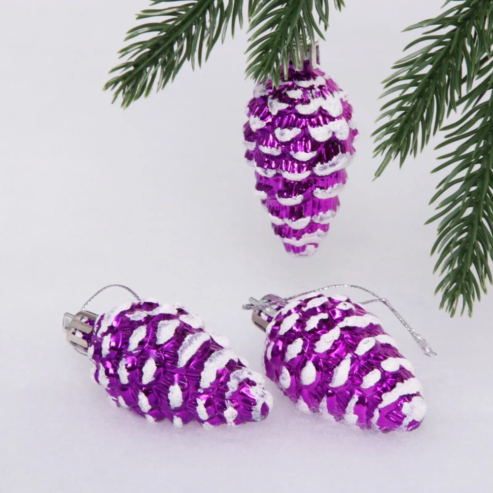 Елочные игрушки «Шишечки в инее» 5,5 см (набор 3 шт), Фиолетовый