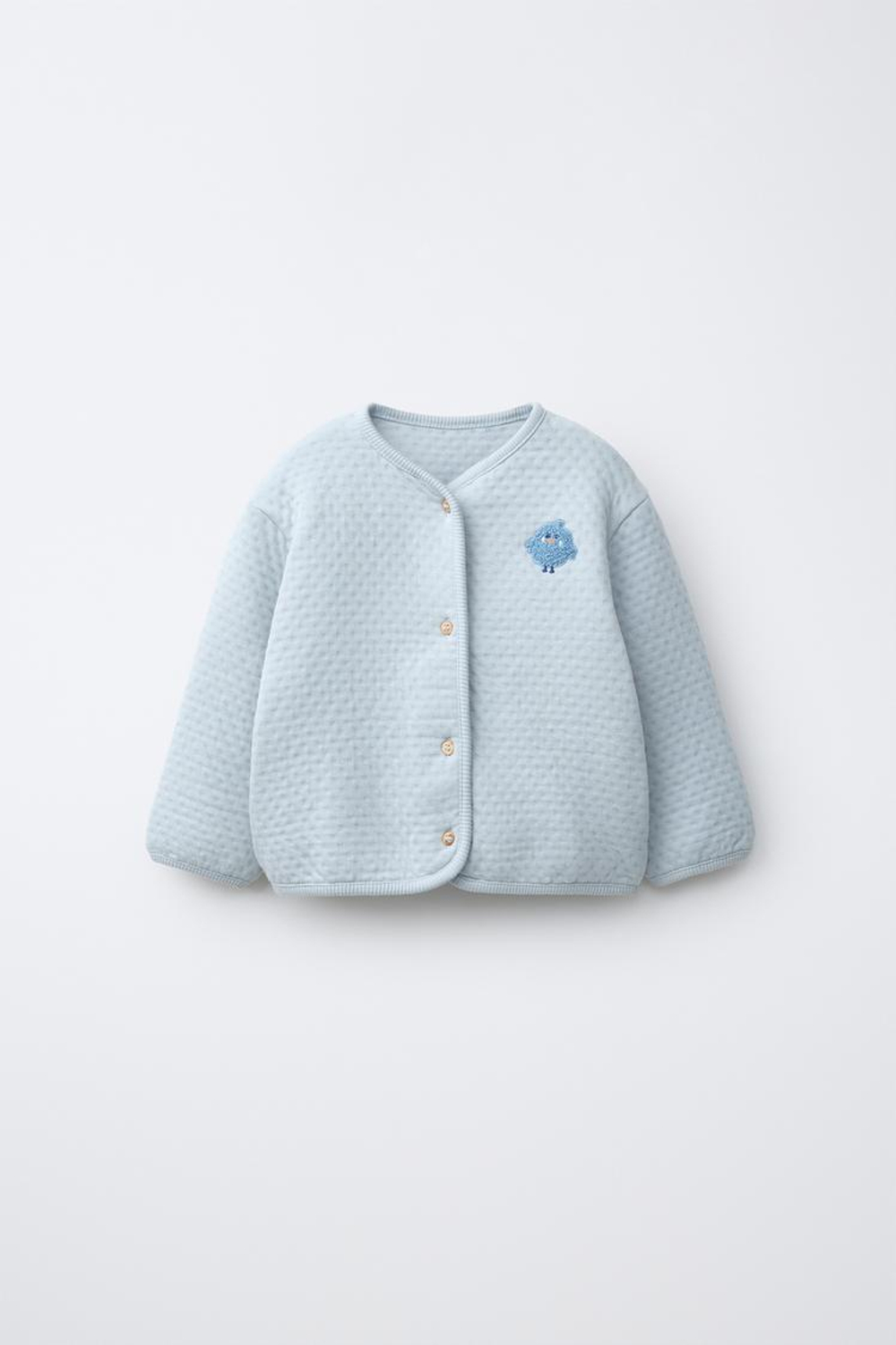 ZARA СТЕГАНАЯ КУРТКА С ВЫШИВКОЙ БУКЛЕ, ГОЛУБОЙ