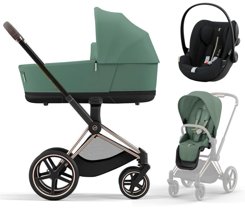 Коляска 3 в 1 Cybex Priam IV Rosegold и автокресло Cloud G i-Size Moon Black Plus Leaf Green