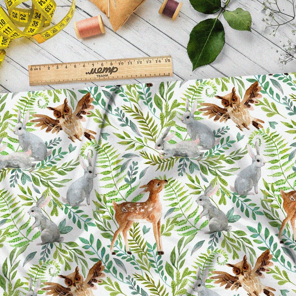 Ткань блэкаут акварельные оленята и зайки