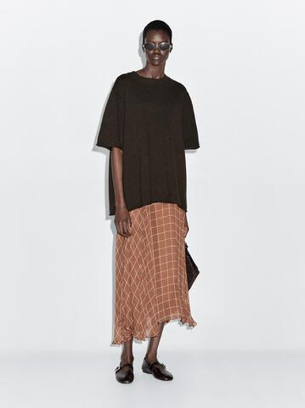 Massimo Dutti Длинная юбка из струящейся ткани в клетку, коричневый